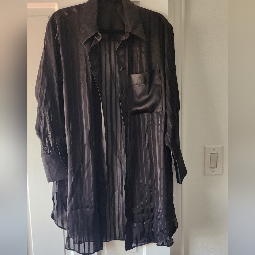 Long black sheer button-down shirt